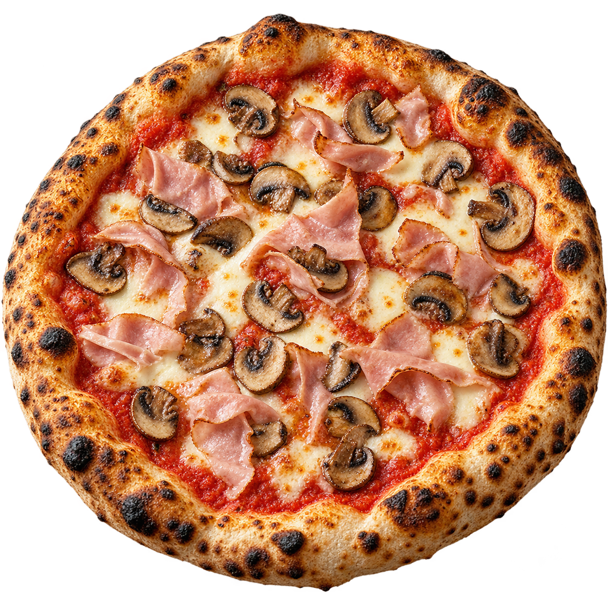 Pizza Regina : tomate, mozzarella, jambon et champignons rôtis